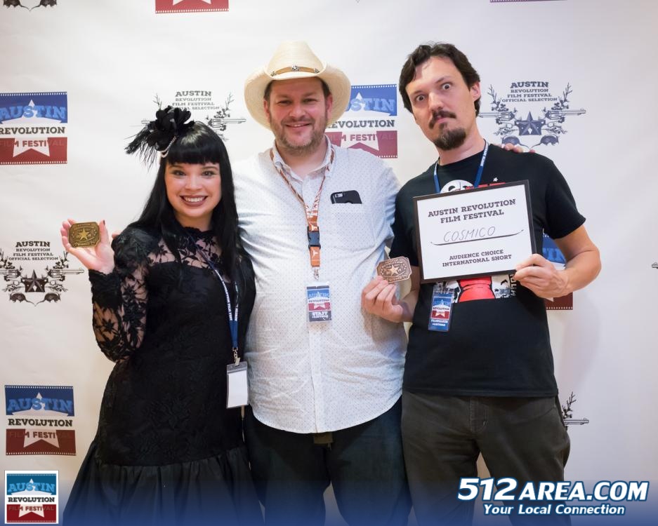The Eyes of Texas: C.J. Lazaretti with ARFF director James Christopher and Ashley Marie, winner in the Best TV Screenplay category. (Photo: 512area.com)